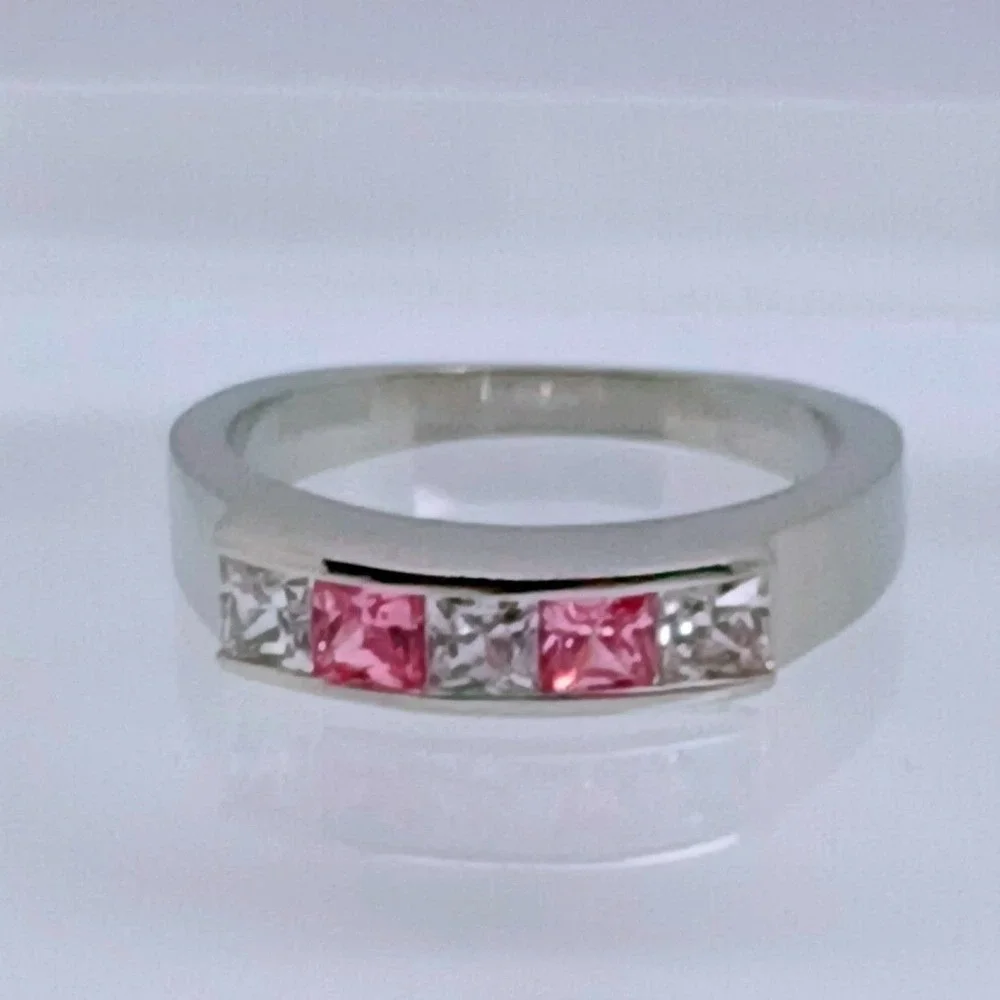 Vintage 90s Pink Clear Princess Cut CZ Channel Set Silver Tone Band Ring Size 10
